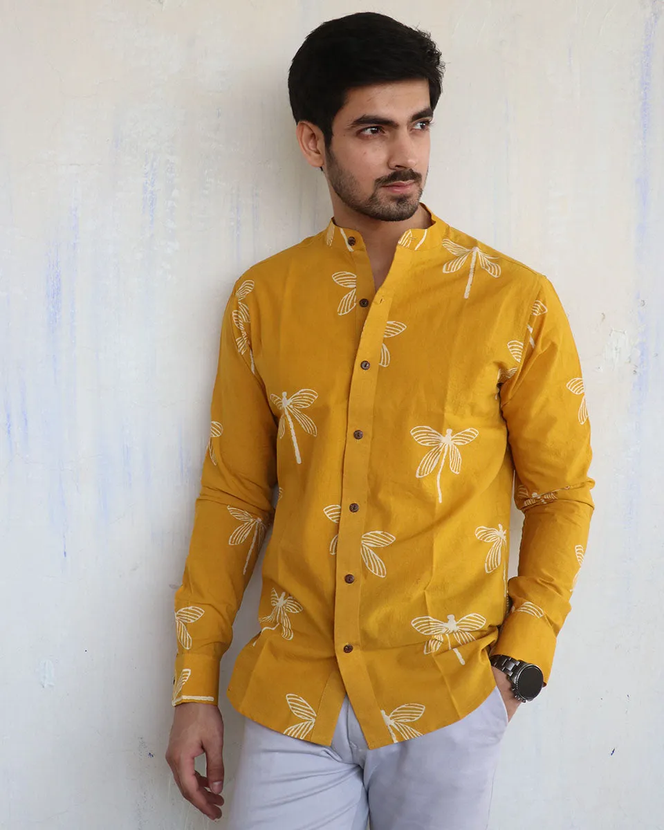 Mustard Dragonfly Block-Printed Men'S Shirt