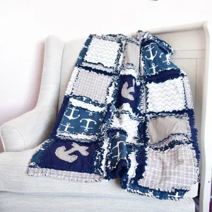 Nautical Crib Bedding for Baby Boy’s Nursery – Grey & Navy Blue Rag Quilt Set