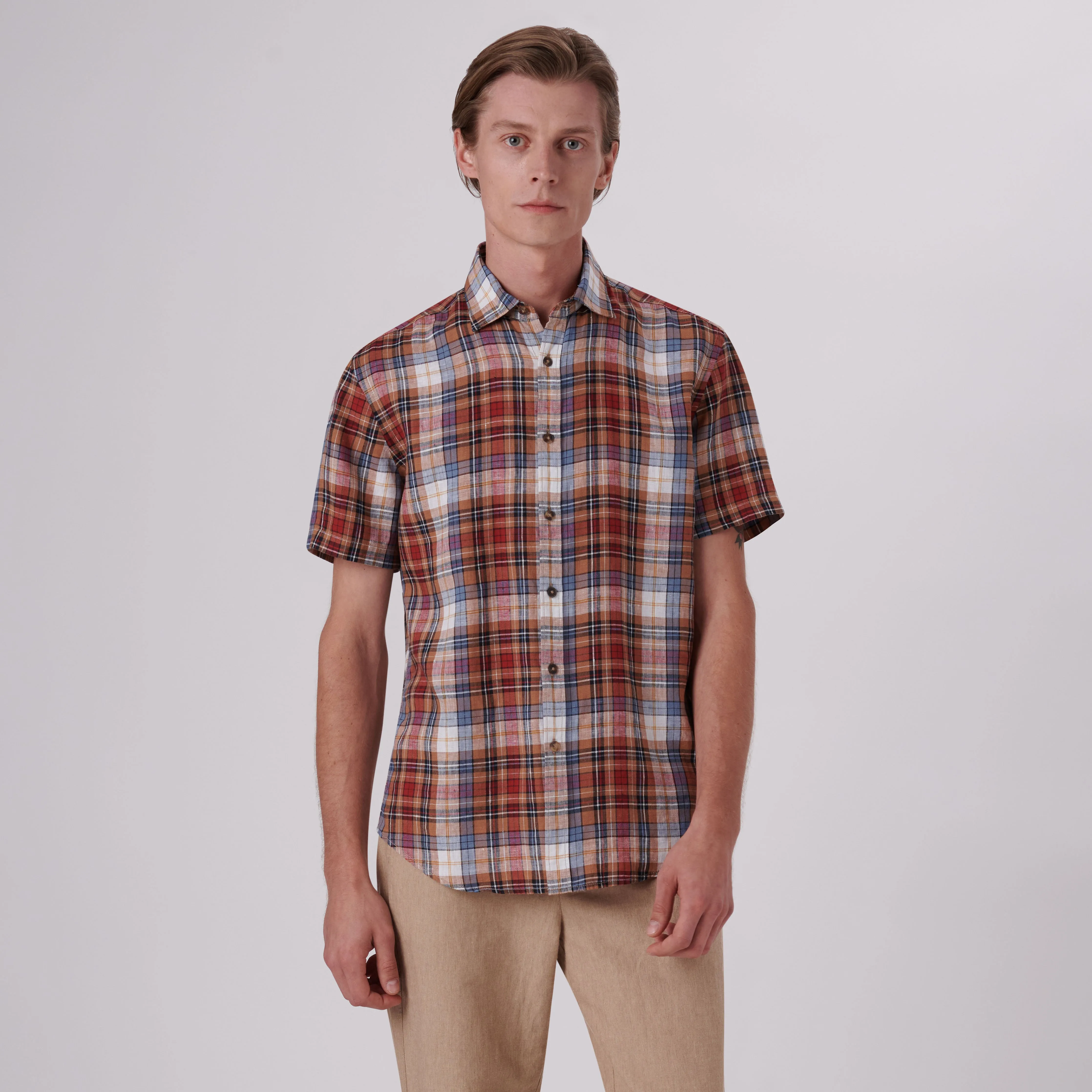 Orson Plaid Check Short Sleeve Linen Shirt
