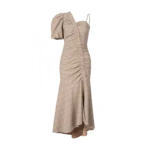 Patchwork Plaid Ruched Dress For Women Puff Sleeve