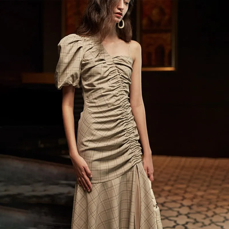 Patchwork Plaid Ruched Dress For Women Puff Sleeve
