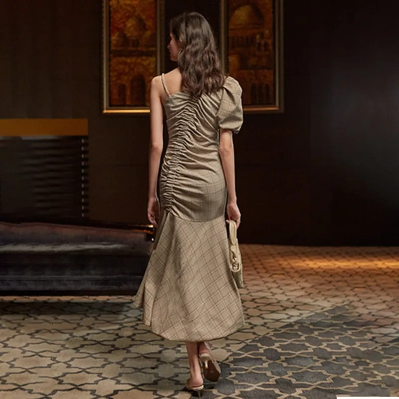 Patchwork Plaid Ruched Dress For Women Puff Sleeve