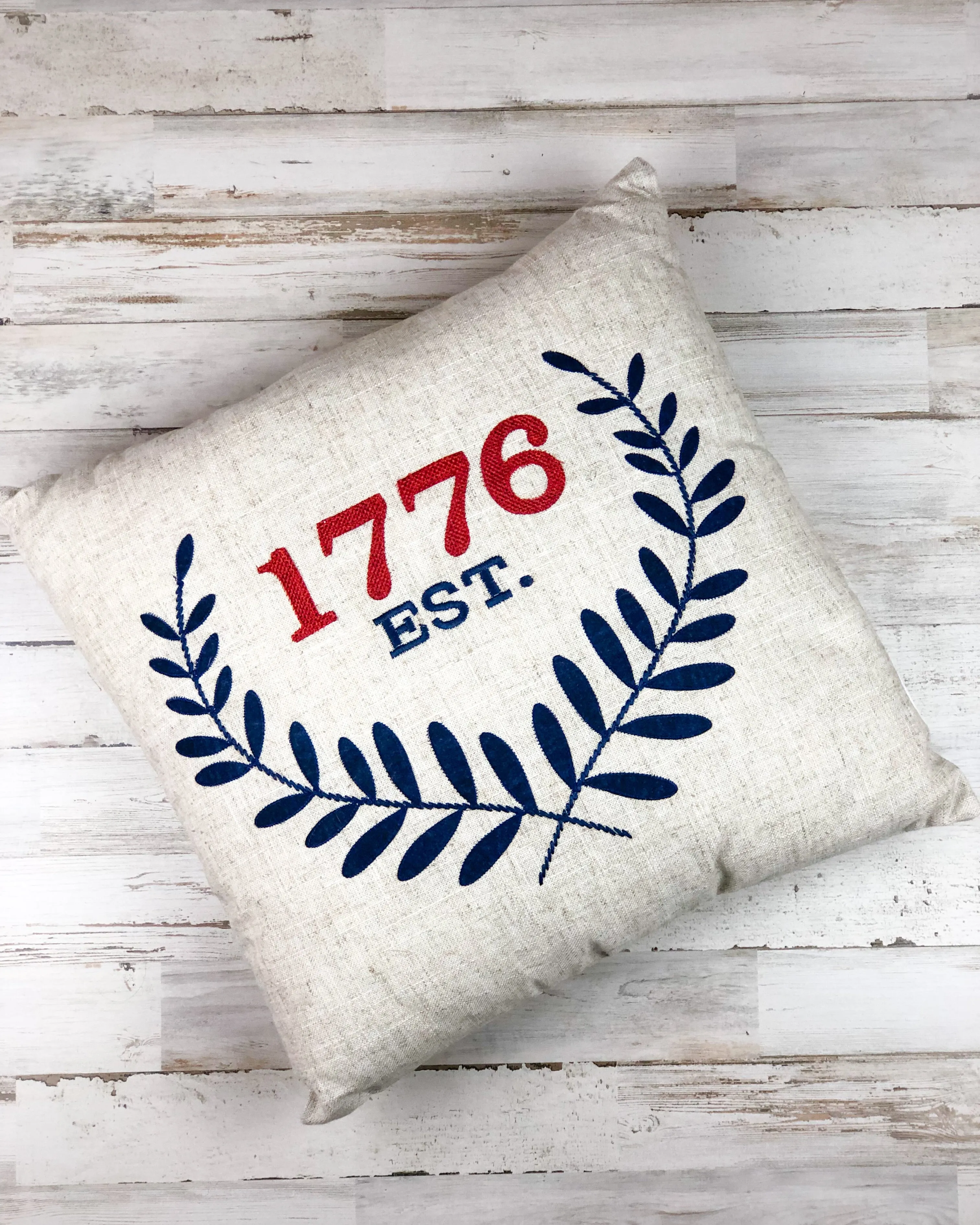 Patriotic red & navy blue ‘Est. 1776’ embroidered throw pillow