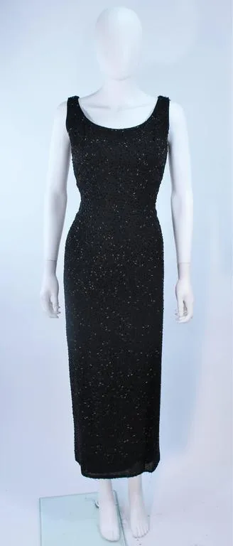 PIARA 1960s Black Beaded Crepe Gown Size 8