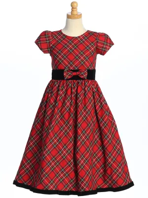 Red Plaid Holiday Dress with Black Velvet Trim - C813-R