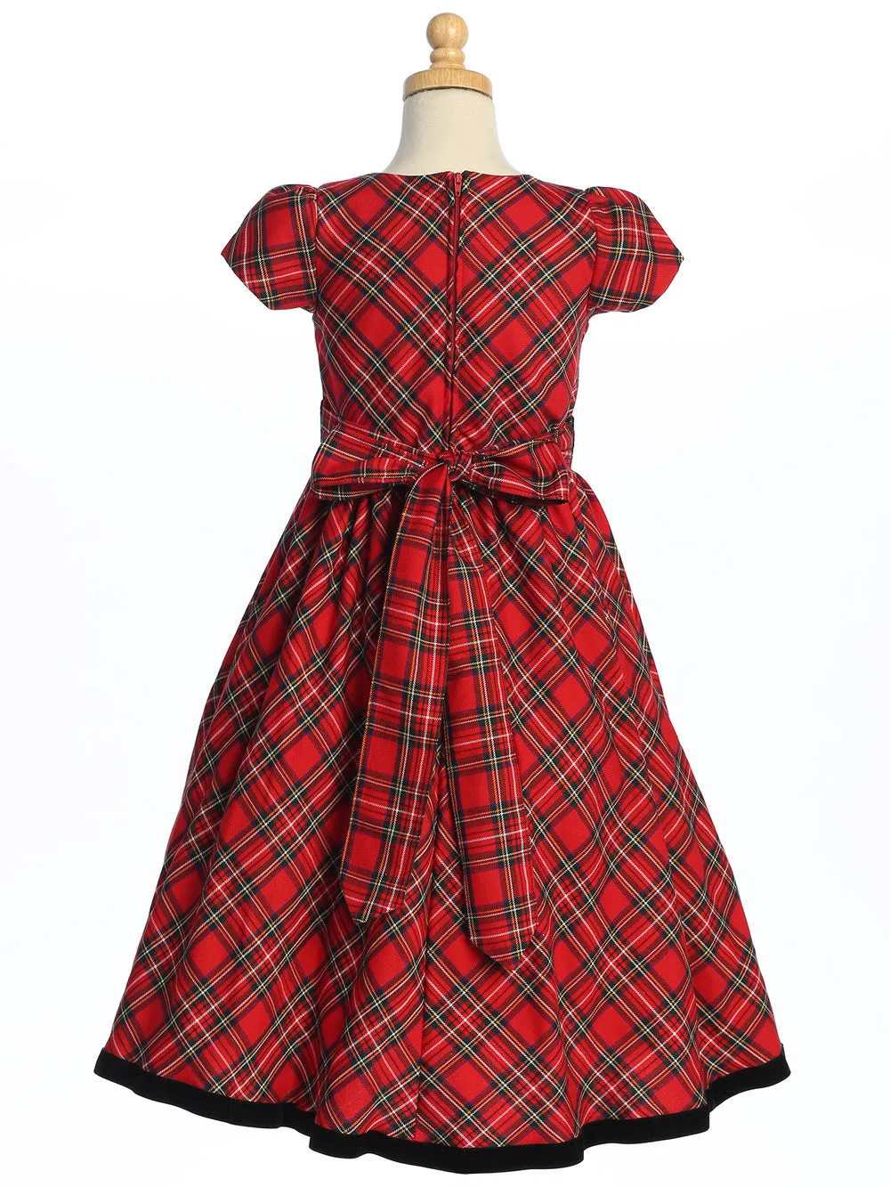 Red Plaid Holiday Dress with Black Velvet Trim - C813-R