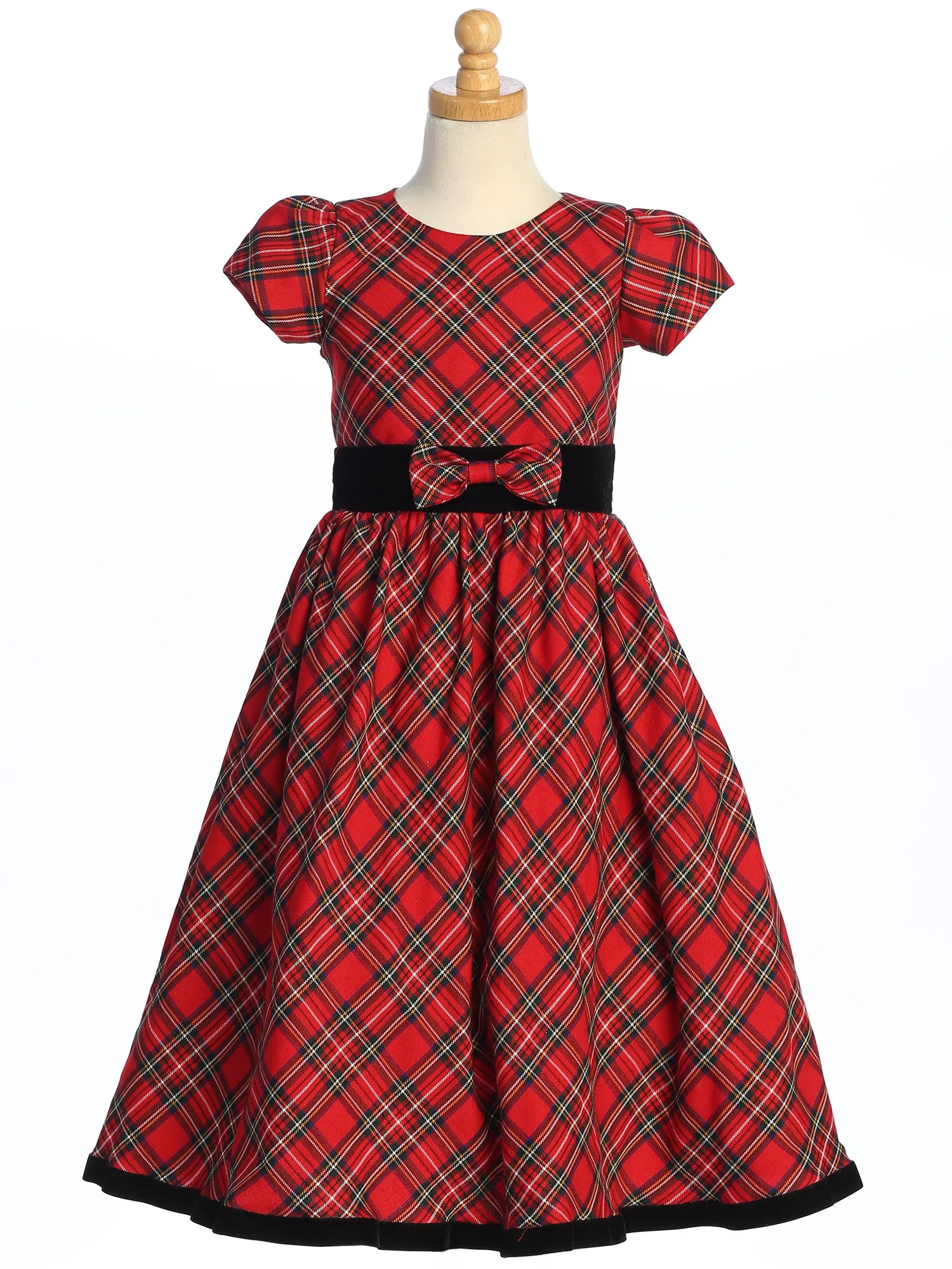 Red Plaid Holiday Dress with Black Velvet Trim - C813-R