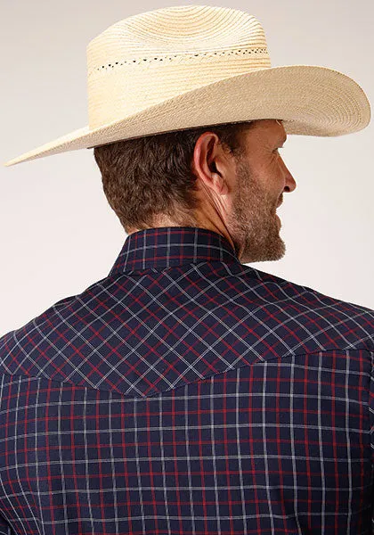 Roper Men's Navy/Red Window Pane Plaid Western Snap Shirt
