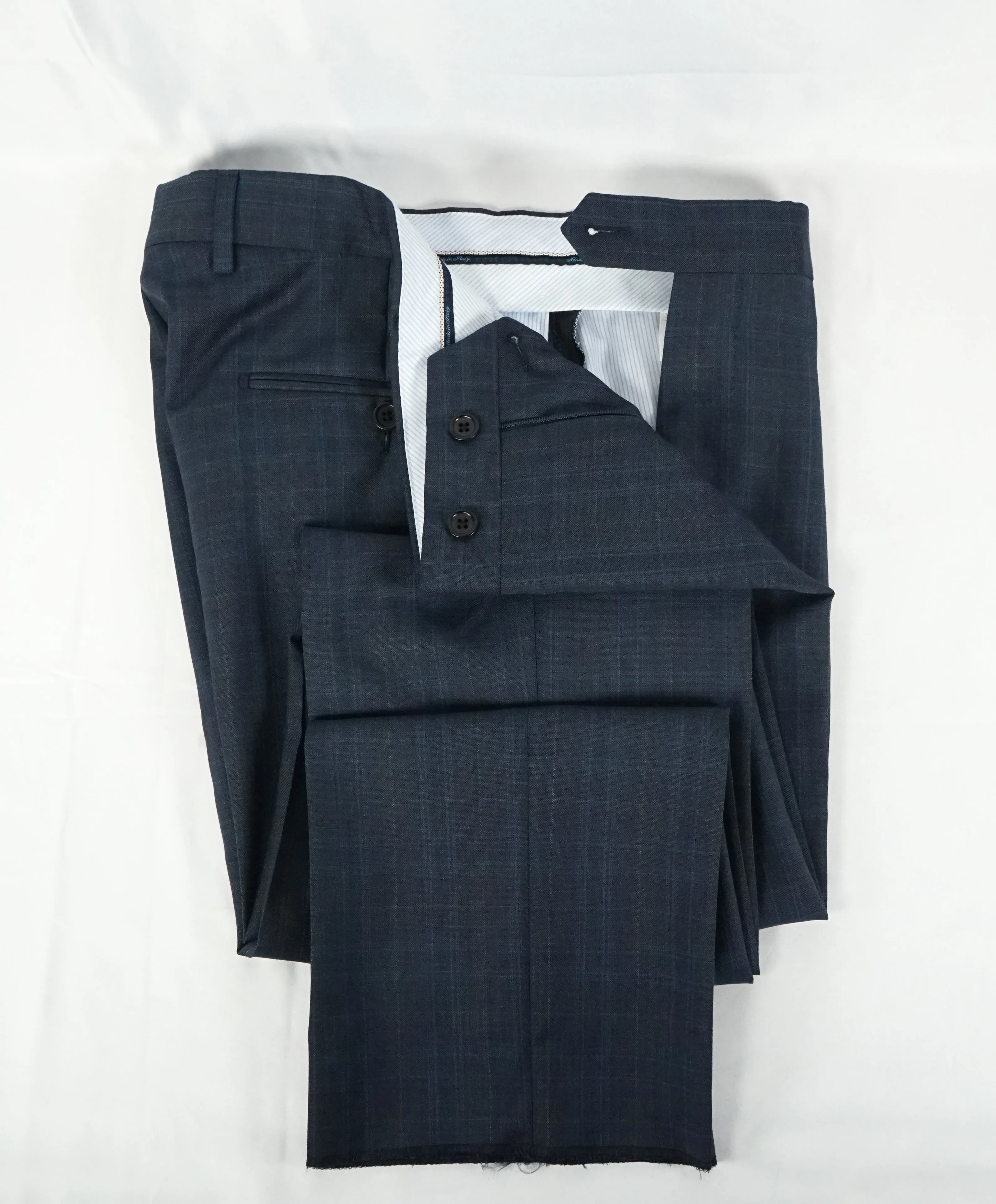 SAKS FIFTH AVE - Abstract Plaid Medium Blue Flat Front Dress Pants - 32W