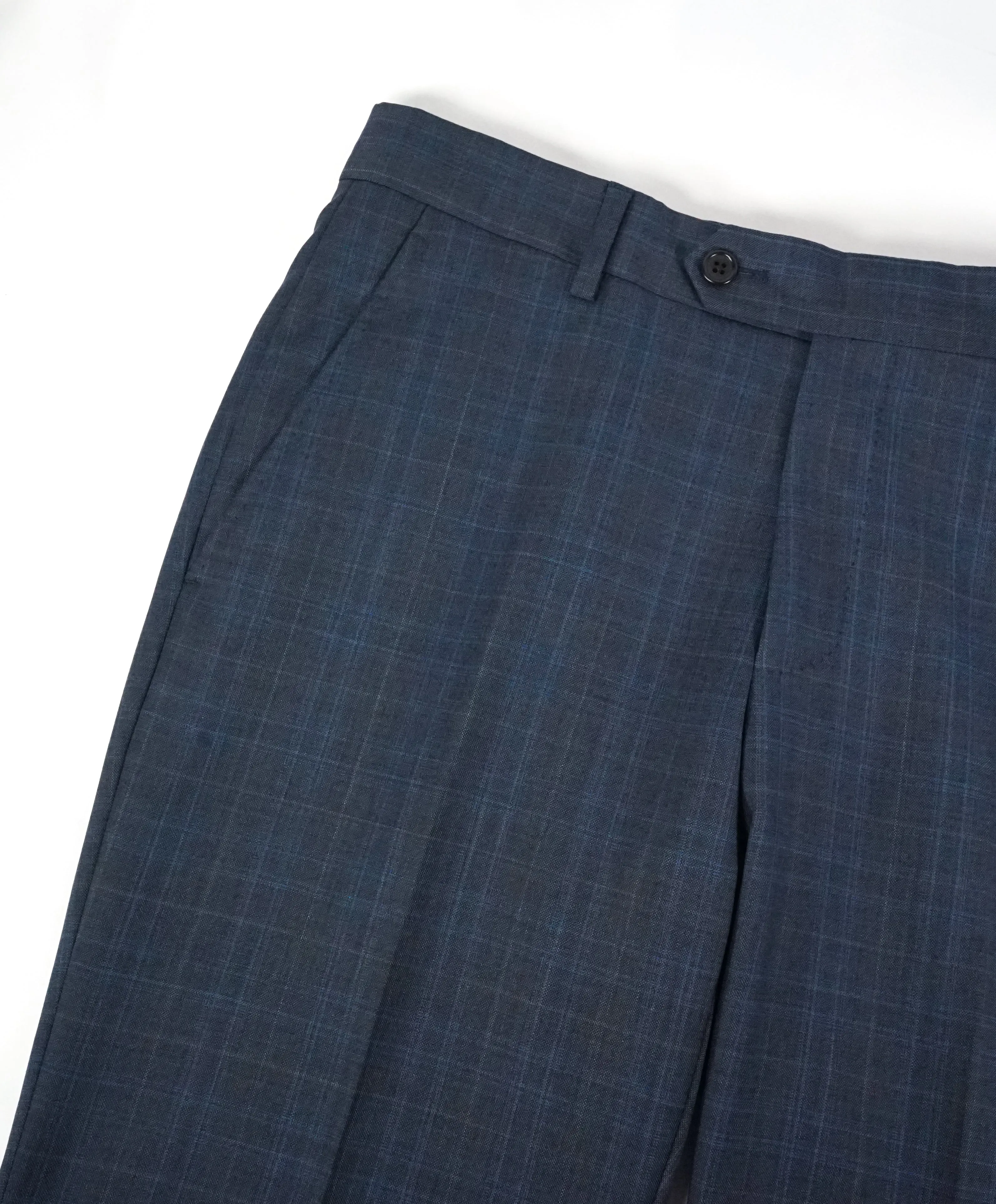 SAKS FIFTH AVE - Abstract Plaid Medium Blue Flat Front Dress Pants - 32W