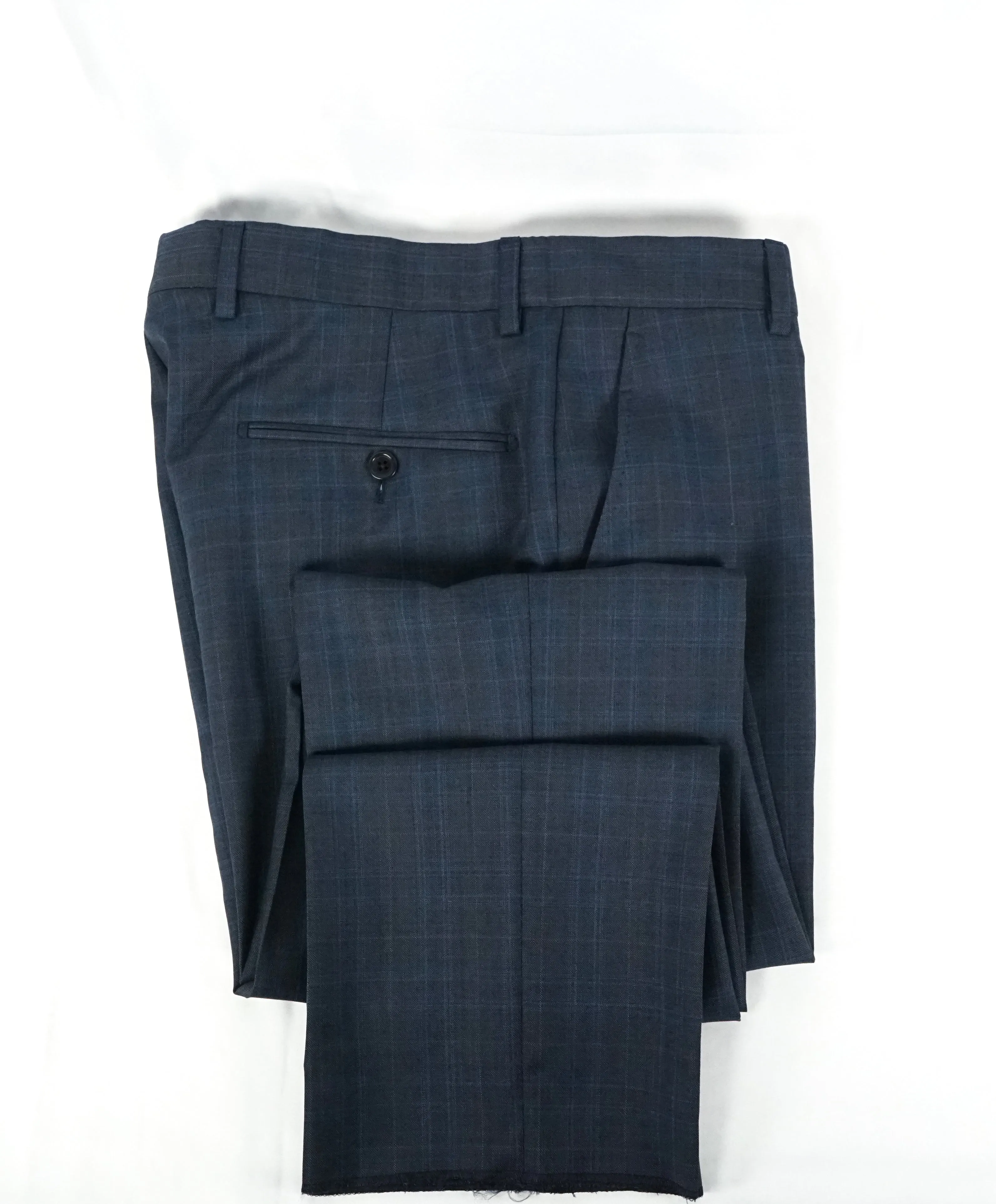 SAKS FIFTH AVE - Abstract Plaid Medium Blue Flat Front Dress Pants - 32W