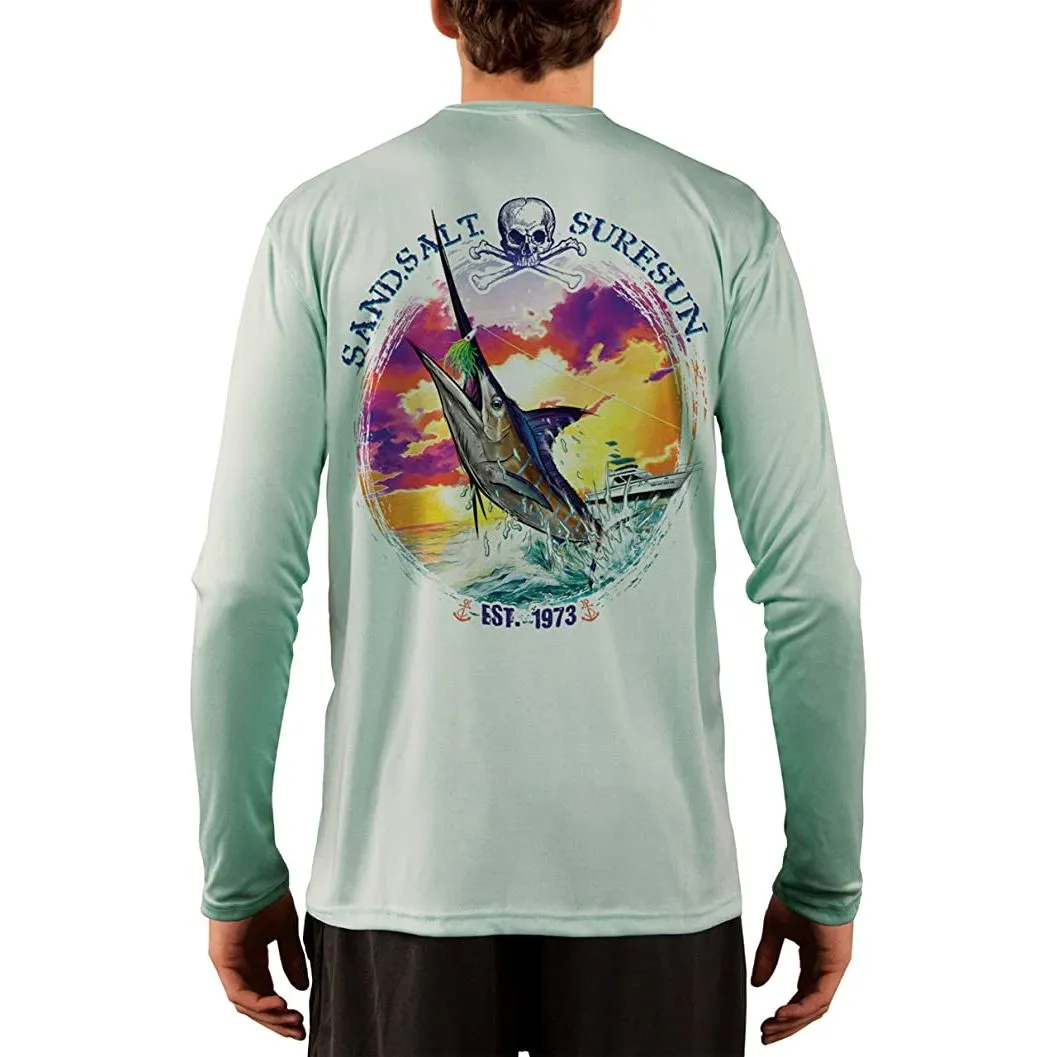 SAND.SALT.SURF.SUN. Blue Marlin Sunset Men's UPF 50  UV Sun Protection Performance Long Sleeve T-Shirt