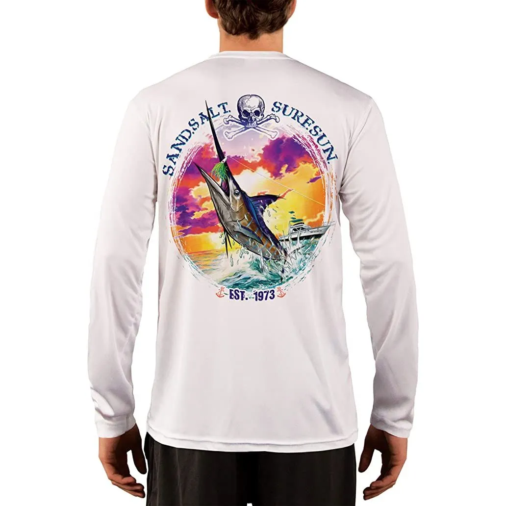 SAND.SALT.SURF.SUN. Blue Marlin Sunset Men's UPF 50  UV Sun Protection Performance Long Sleeve T-Shirt