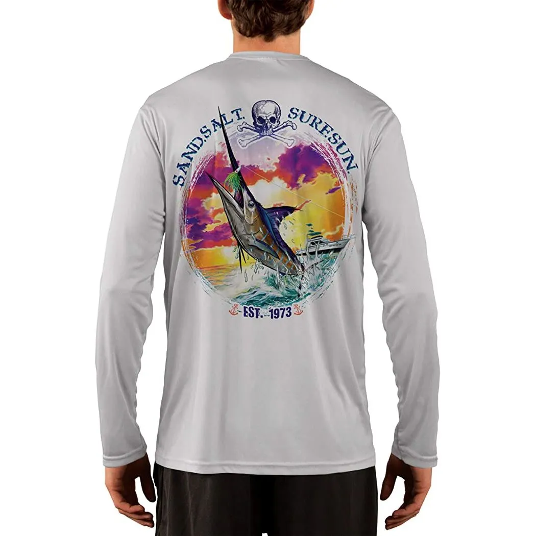 SAND.SALT.SURF.SUN. Blue Marlin Sunset Men's UPF 50  UV Sun Protection Performance Long Sleeve T-Shirt