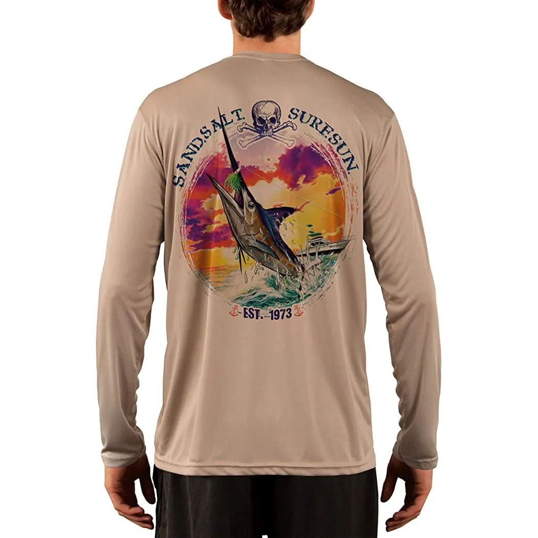 SAND.SALT.SURF.SUN. Blue Marlin Sunset Men's UPF 50  UV Sun Protection Performance Long Sleeve T-Shirt