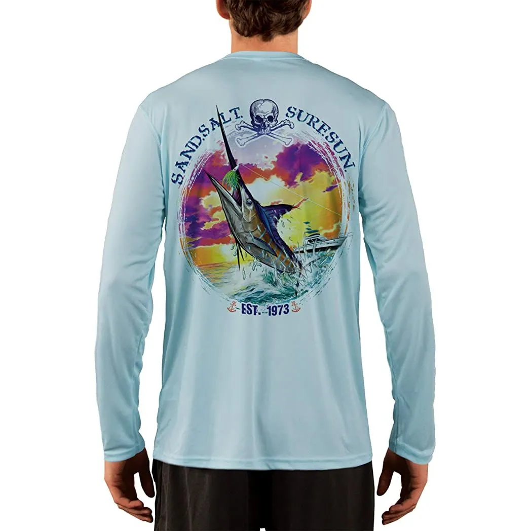 SAND.SALT.SURF.SUN. Blue Marlin Sunset Men's UPF 50  UV Sun Protection Performance Long Sleeve T-Shirt