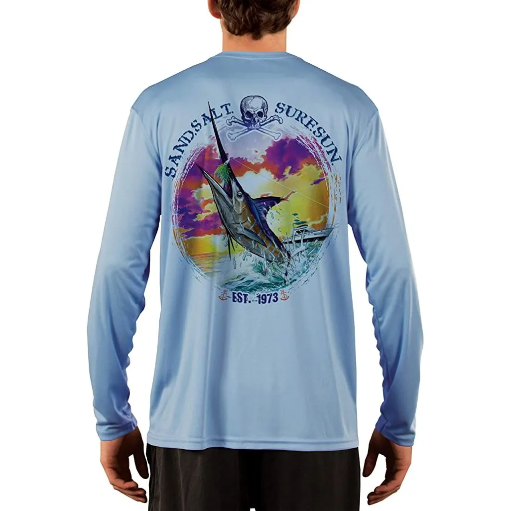 SAND.SALT.SURF.SUN. Blue Marlin Sunset Men's UPF 50  UV Sun Protection Performance Long Sleeve T-Shirt