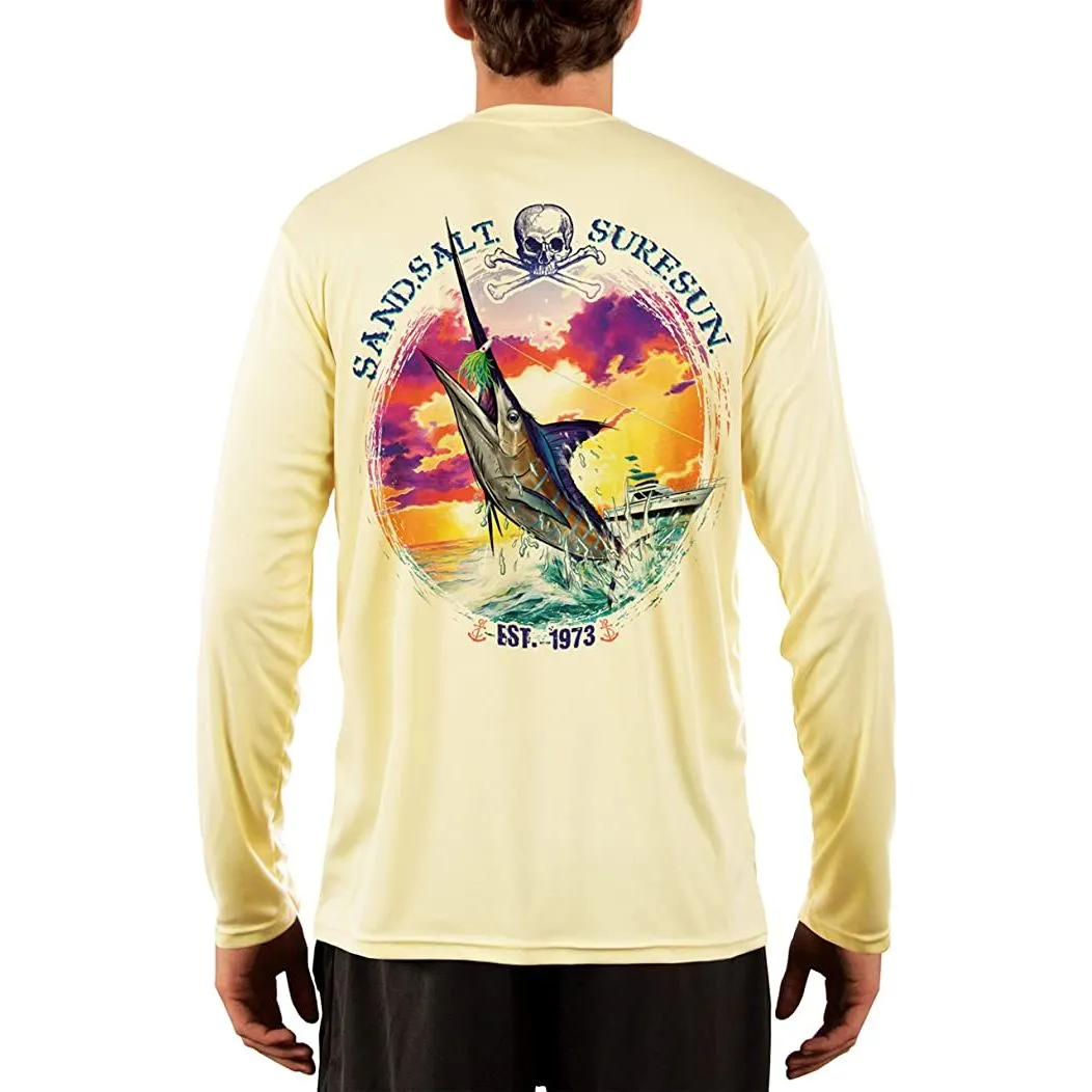 SAND.SALT.SURF.SUN. Blue Marlin Sunset Men's UPF 50  UV Sun Protection Performance Long Sleeve T-Shirt