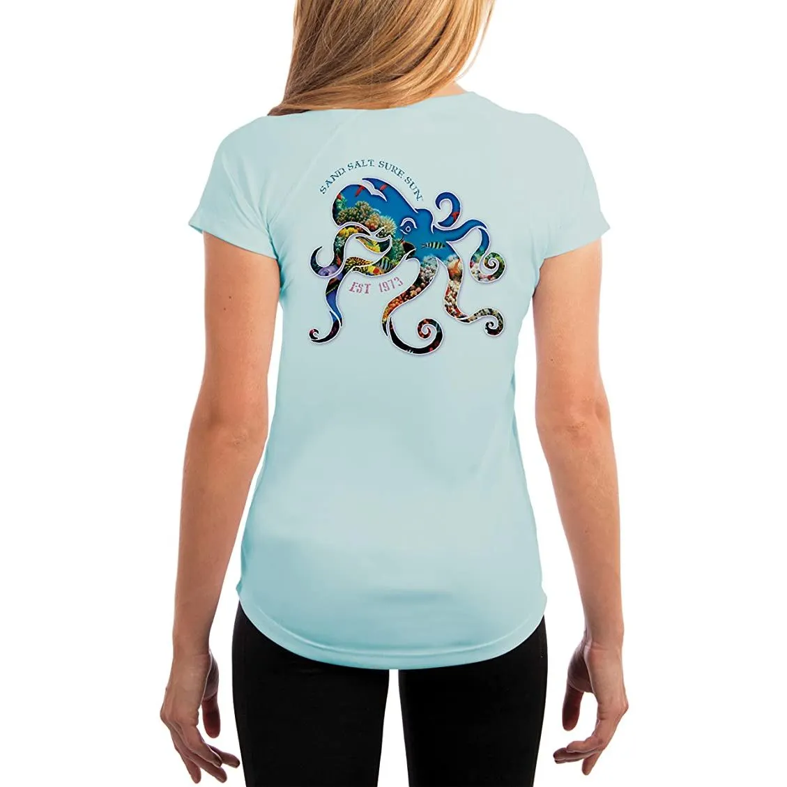 SAND.SALT.SURF.SUN. Coral Octopus Women's UPF 50  UV Sun Protection Performance Short Sleeve T-Shirt