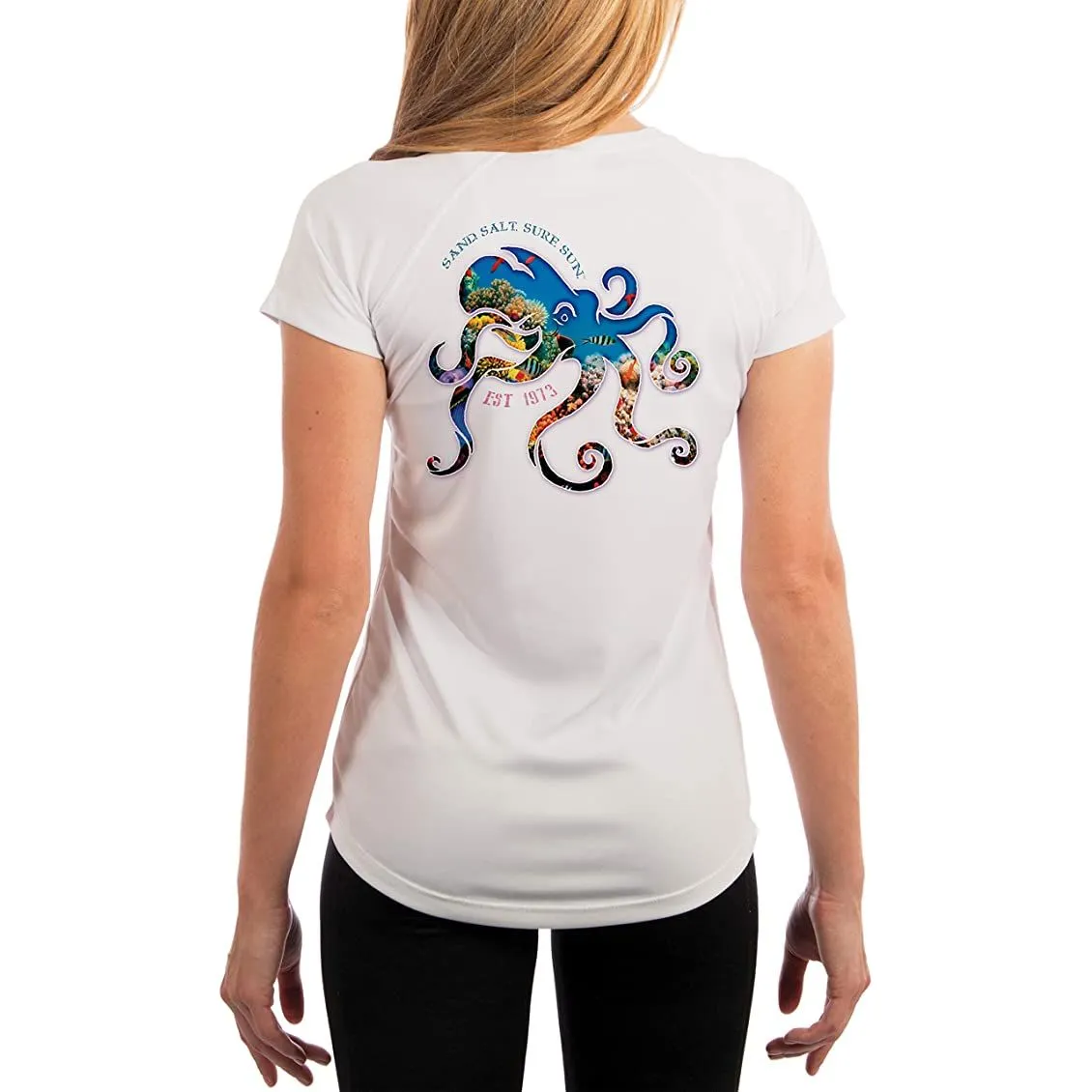 SAND.SALT.SURF.SUN. Coral Octopus Women's UPF 50  UV Sun Protection Performance Short Sleeve T-Shirt