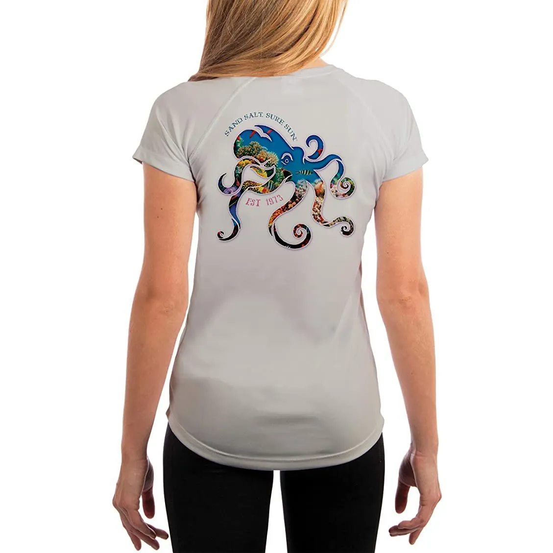 SAND.SALT.SURF.SUN. Coral Octopus Women's UPF 50  UV Sun Protection Performance Short Sleeve T-Shirt