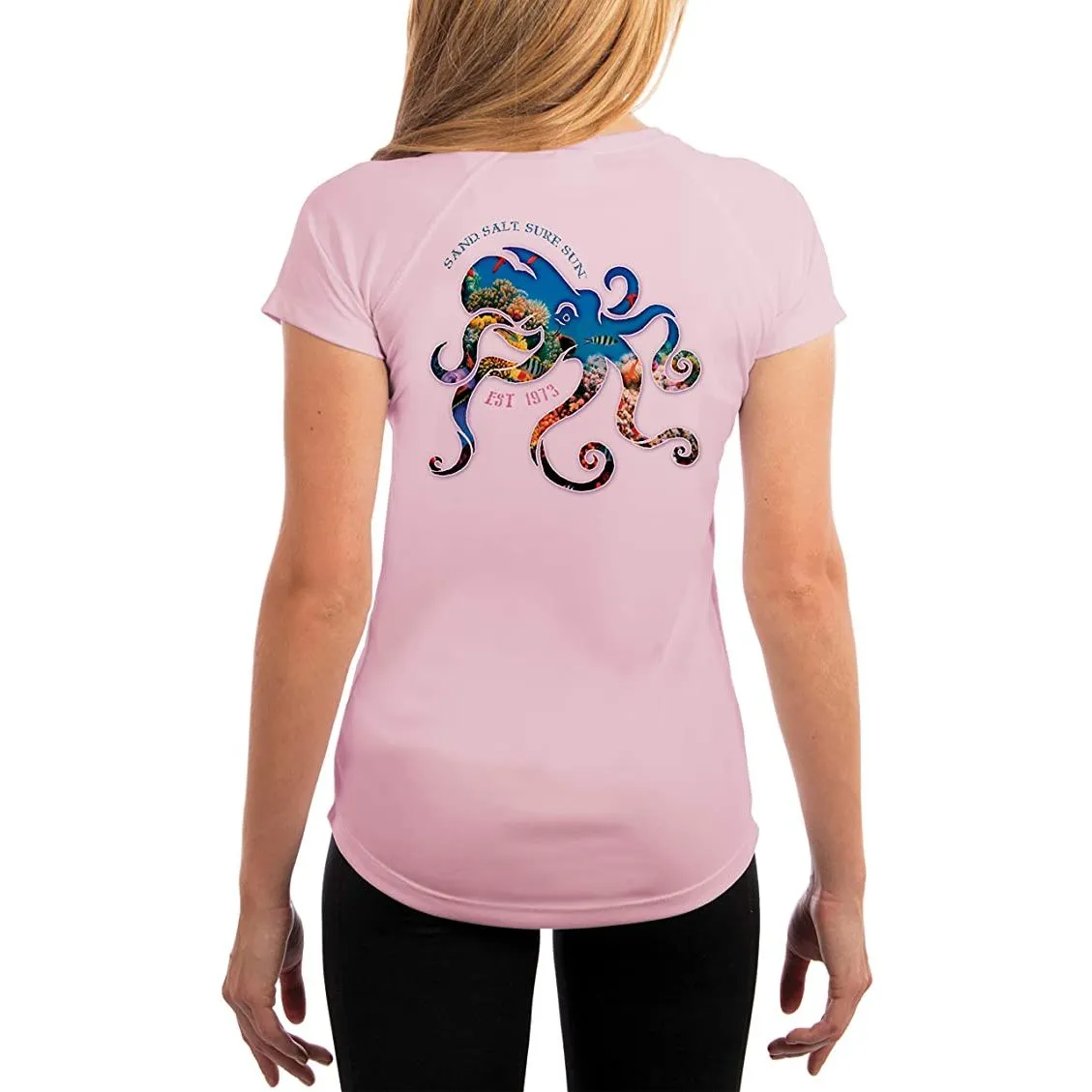 SAND.SALT.SURF.SUN. Coral Octopus Women's UPF 50  UV Sun Protection Performance Short Sleeve T-Shirt