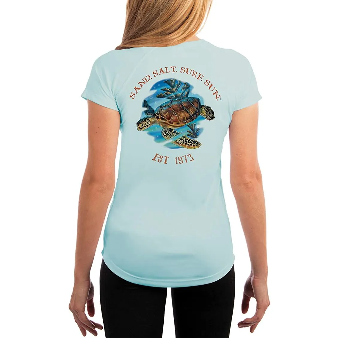 SAND.SALT.SURF.SUN. Sea Turtle Women's UPF 50  UV Sun Protection Performance Short Sleeve T-Shirt