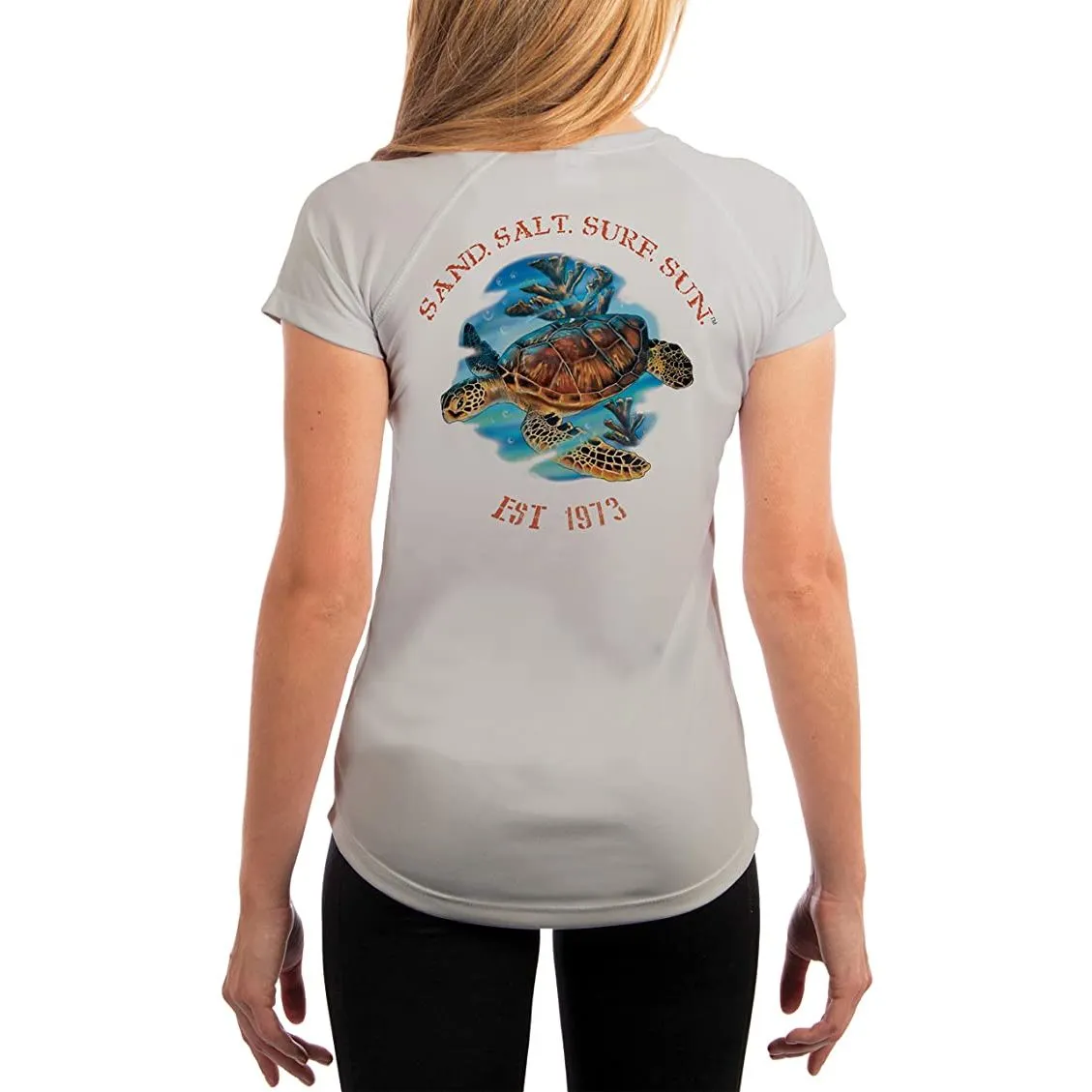 SAND.SALT.SURF.SUN. Sea Turtle Women's UPF 50  UV Sun Protection Performance Short Sleeve T-Shirt