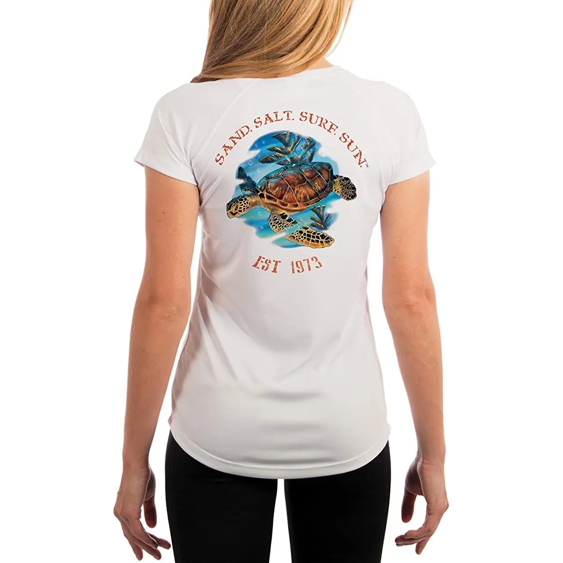 SAND.SALT.SURF.SUN. Sea Turtle Women's UPF 50  UV Sun Protection Performance Short Sleeve T-Shirt