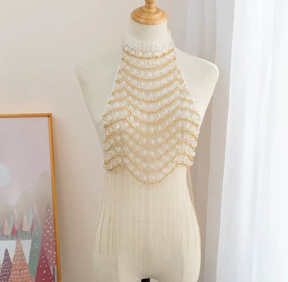 SCARLET HALTER PEARL BEADED TOP
