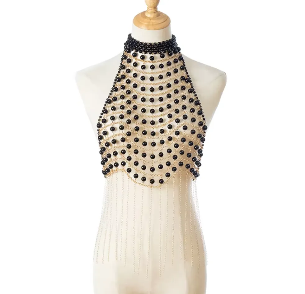 SCARLET HALTER PEARL BEADED TOP