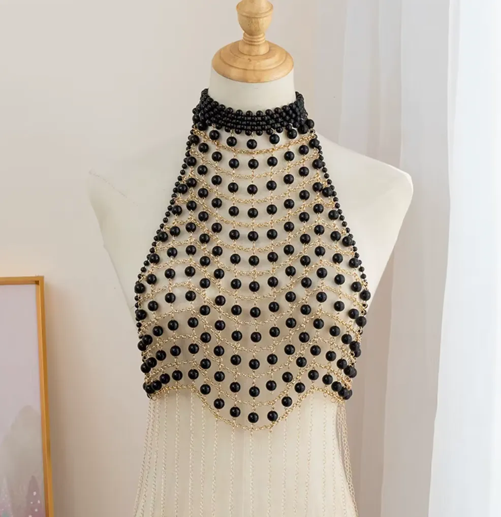 SCARLET HALTER PEARL BEADED TOP