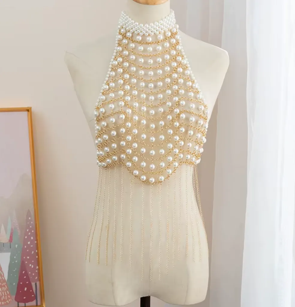 SCARLET HALTER PEARL BEADED TOP