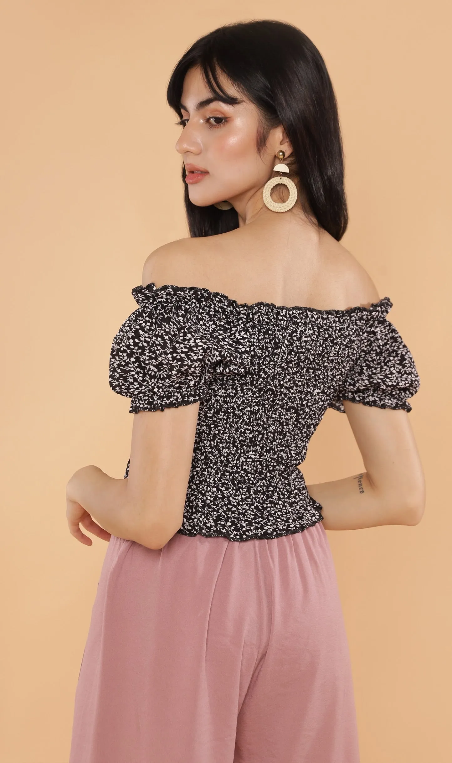 SEBBE Puff-Sleeve Lace-Up Top (Black)