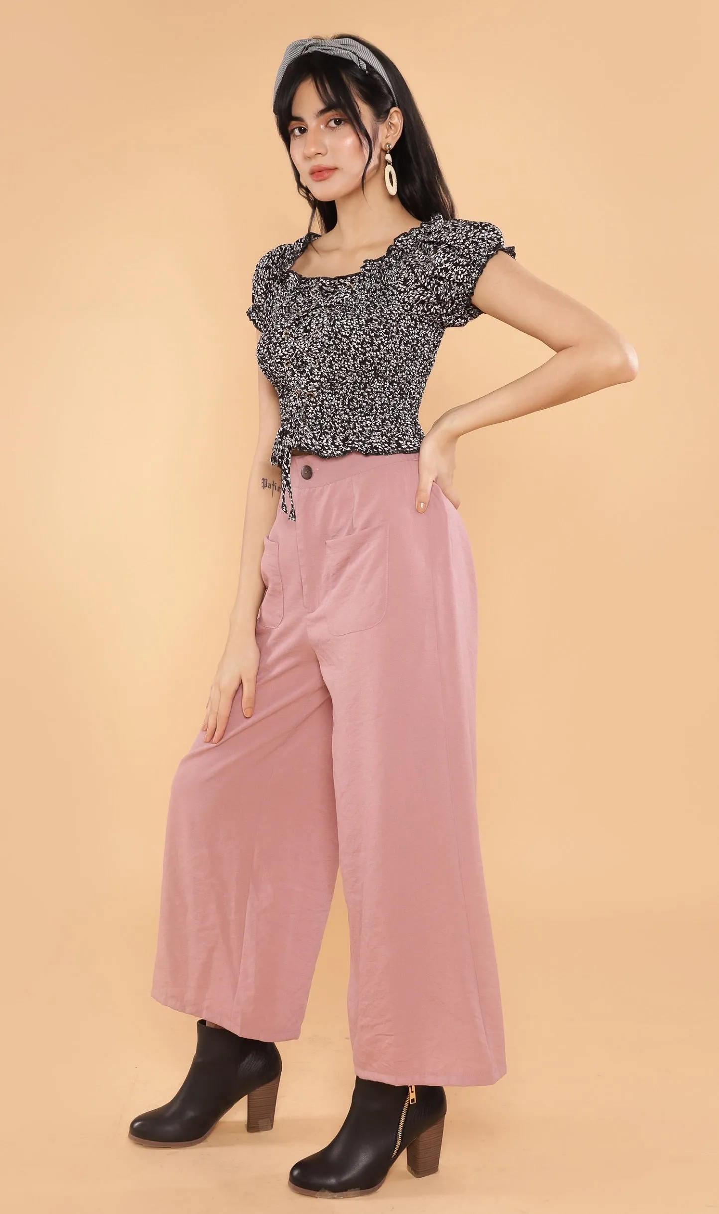 SEBBE Puff-Sleeve Lace-Up Top (Black)