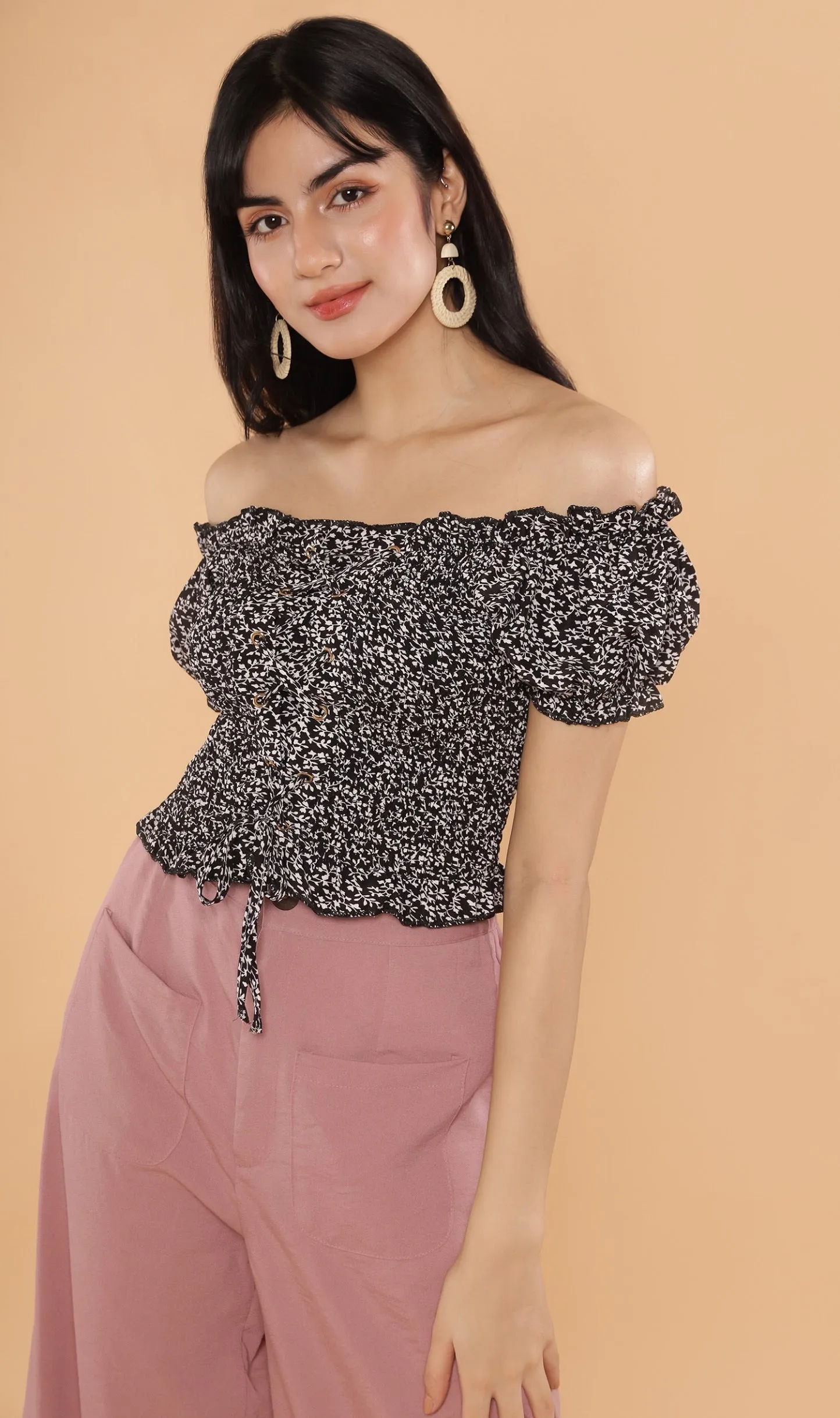 SEBBE Puff-Sleeve Lace-Up Top (Black)