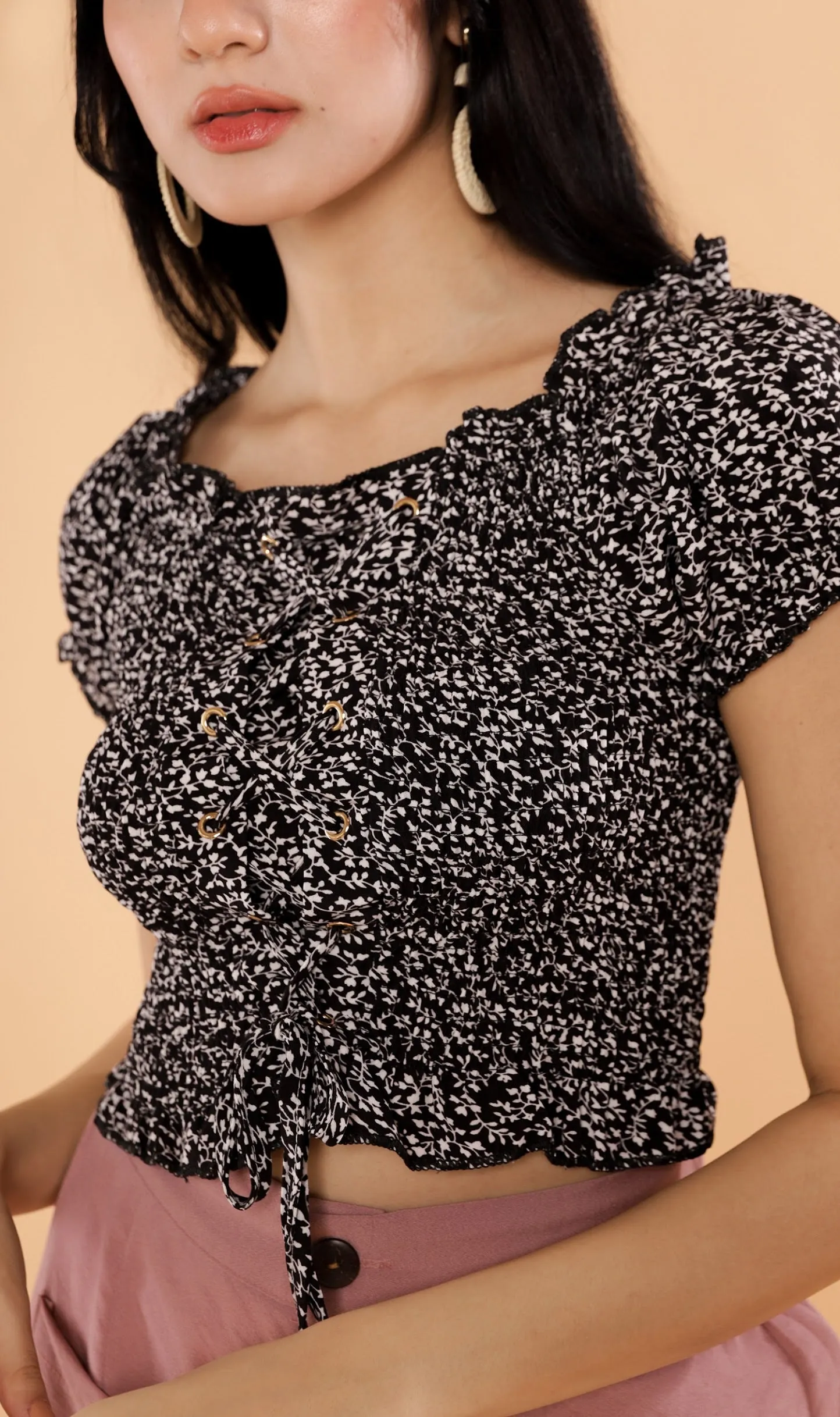 SEBBE Puff-Sleeve Lace-Up Top (Black)