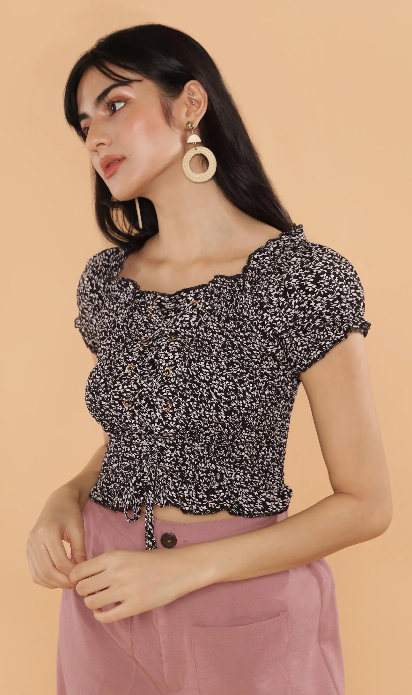SEBBE Puff-Sleeve Lace-Up Top (Black)