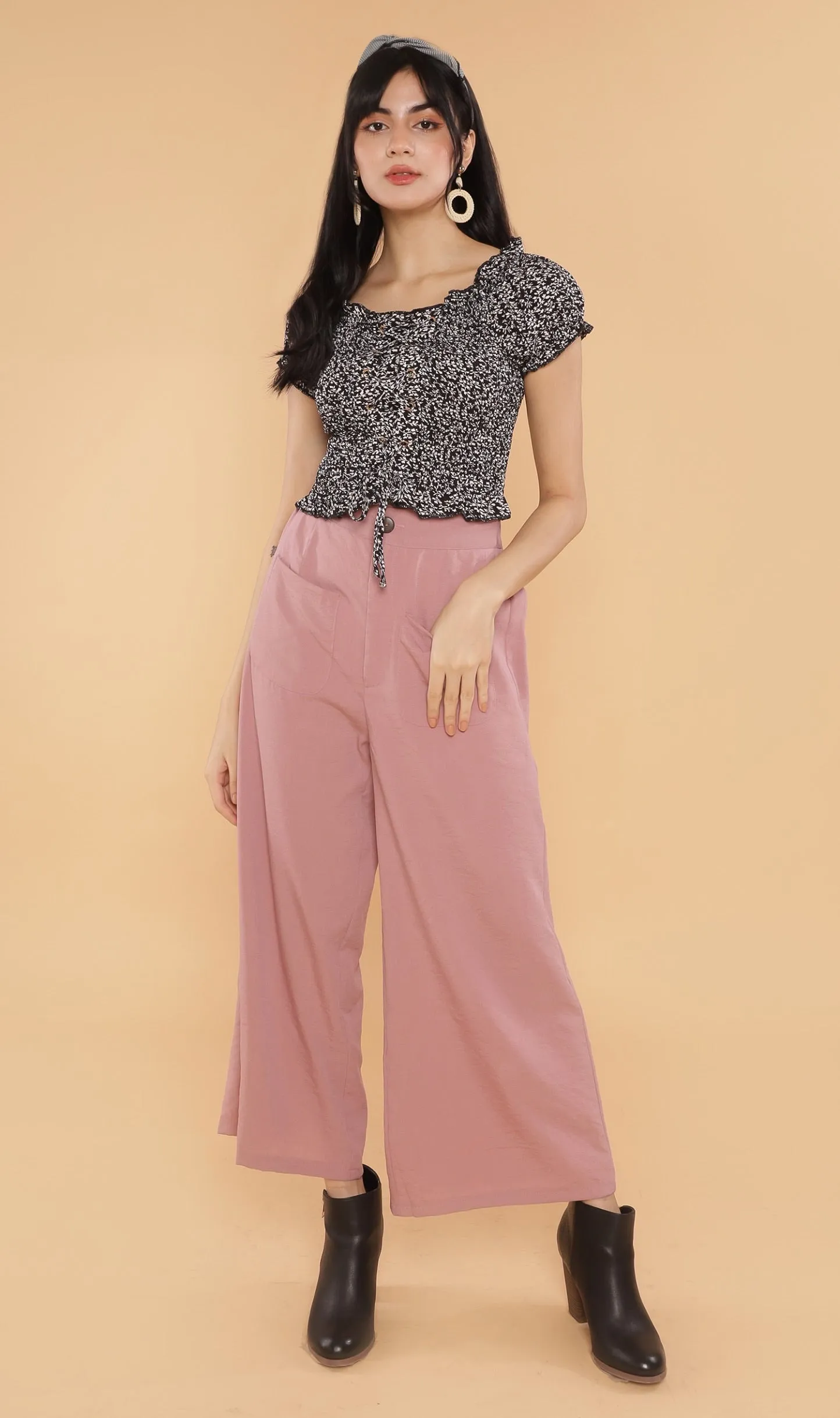 SEBBE Puff-Sleeve Lace-Up Top (Black)