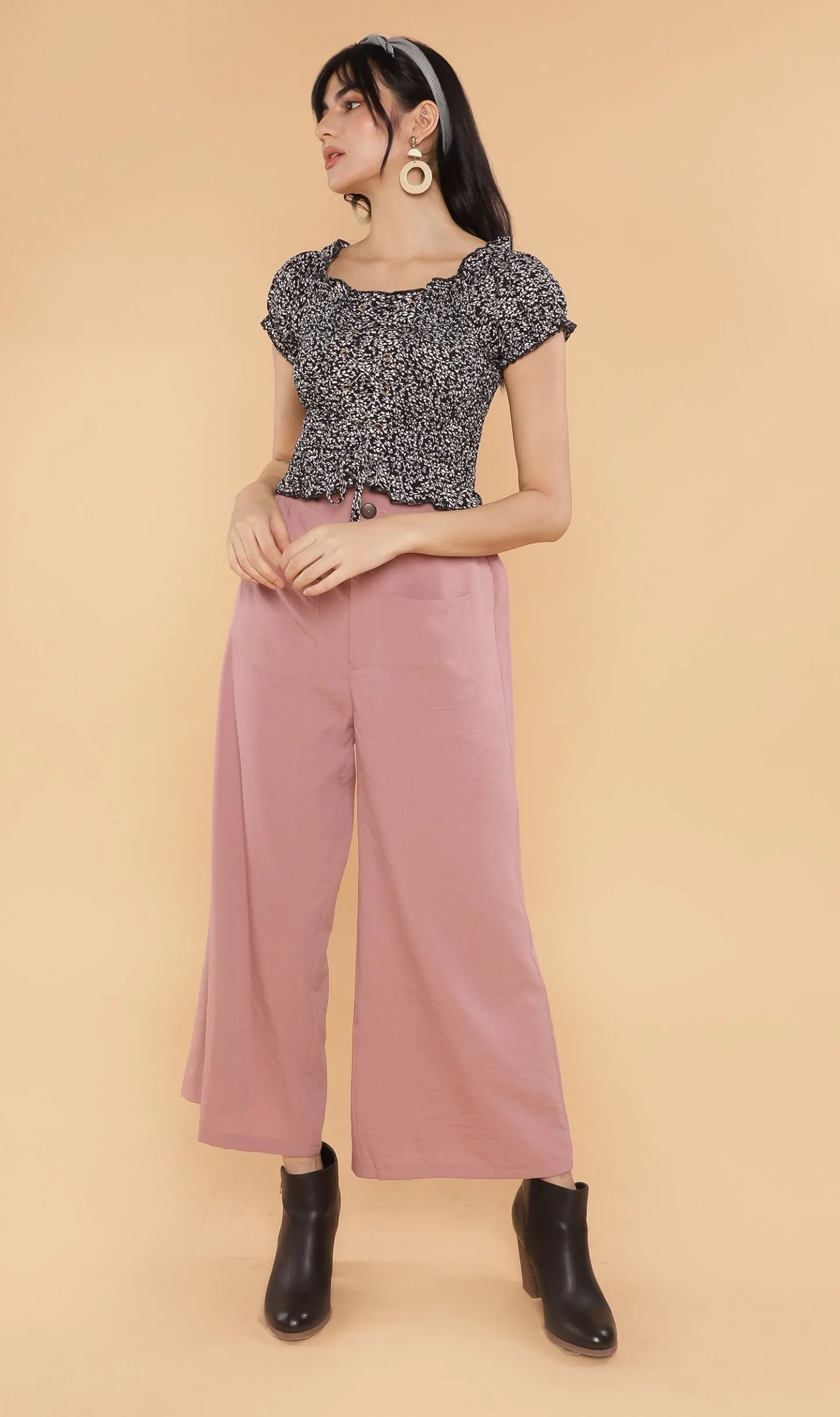 SEBBE Puff-Sleeve Lace-Up Top (Black)