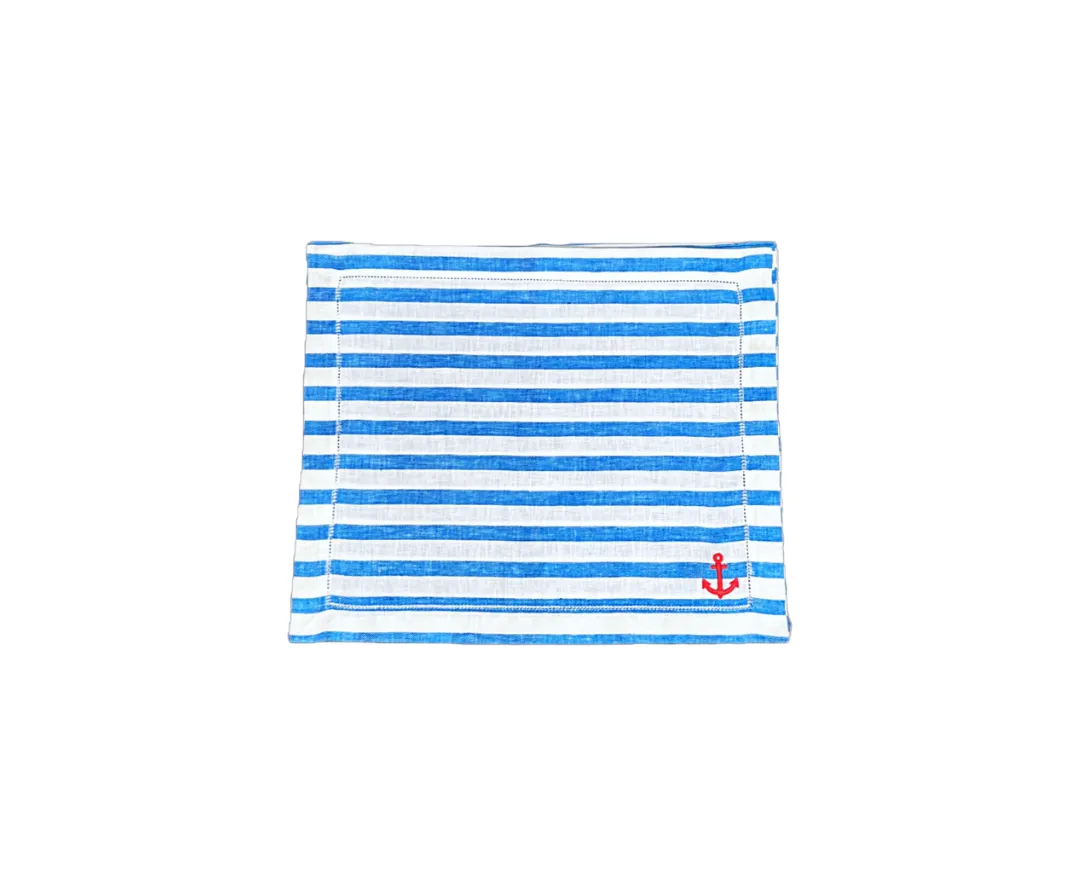 Set of 4 Blue and White Striped Linen Placemats with Coral Embroidered Anchor