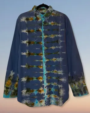 Tie Dye Long Sleeve Button Down Dress Shirt - Blue - Large