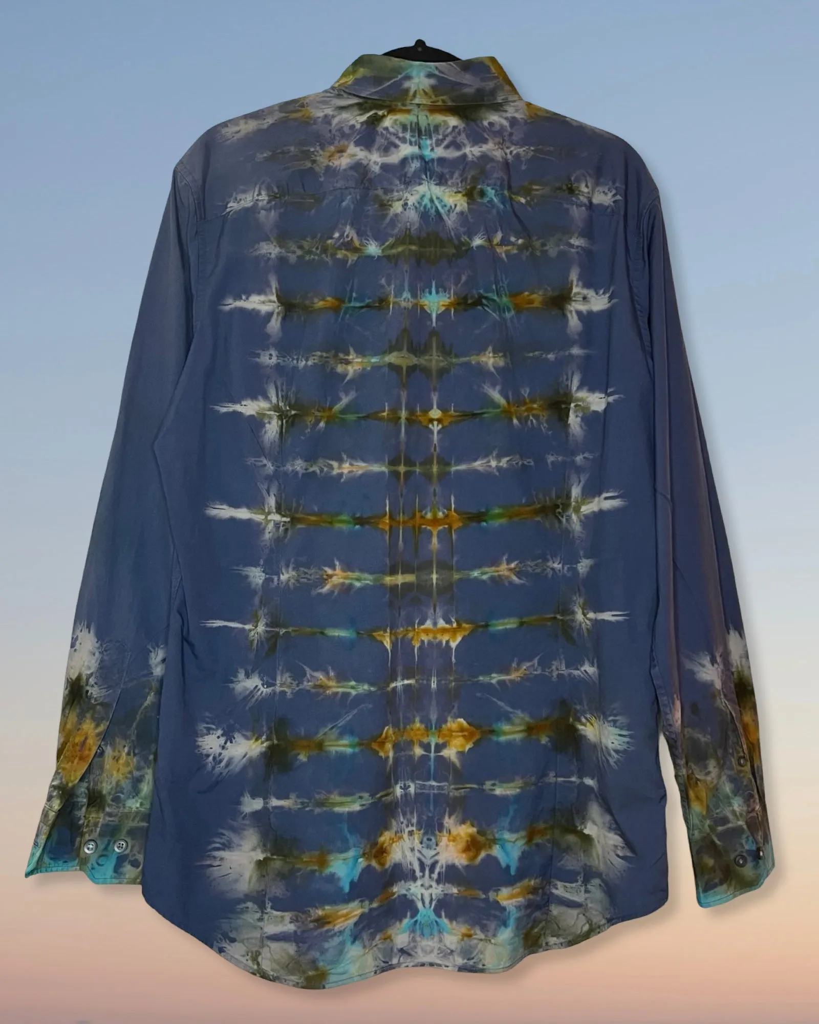 Tie Dye Long Sleeve Button Down Dress Shirt - Blue - Large