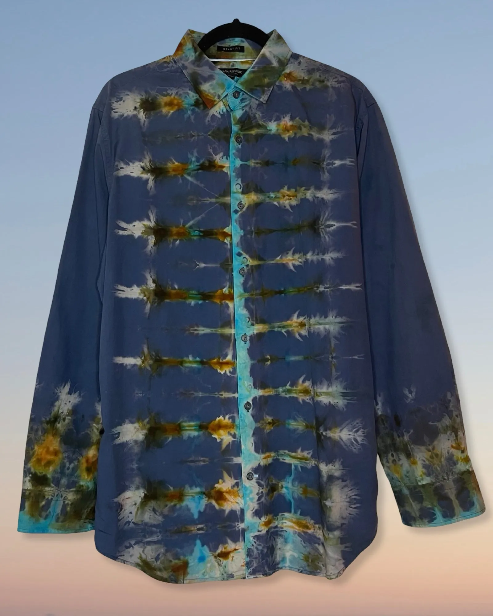 Tie Dye Long Sleeve Button Down Dress Shirt - Blue - Large