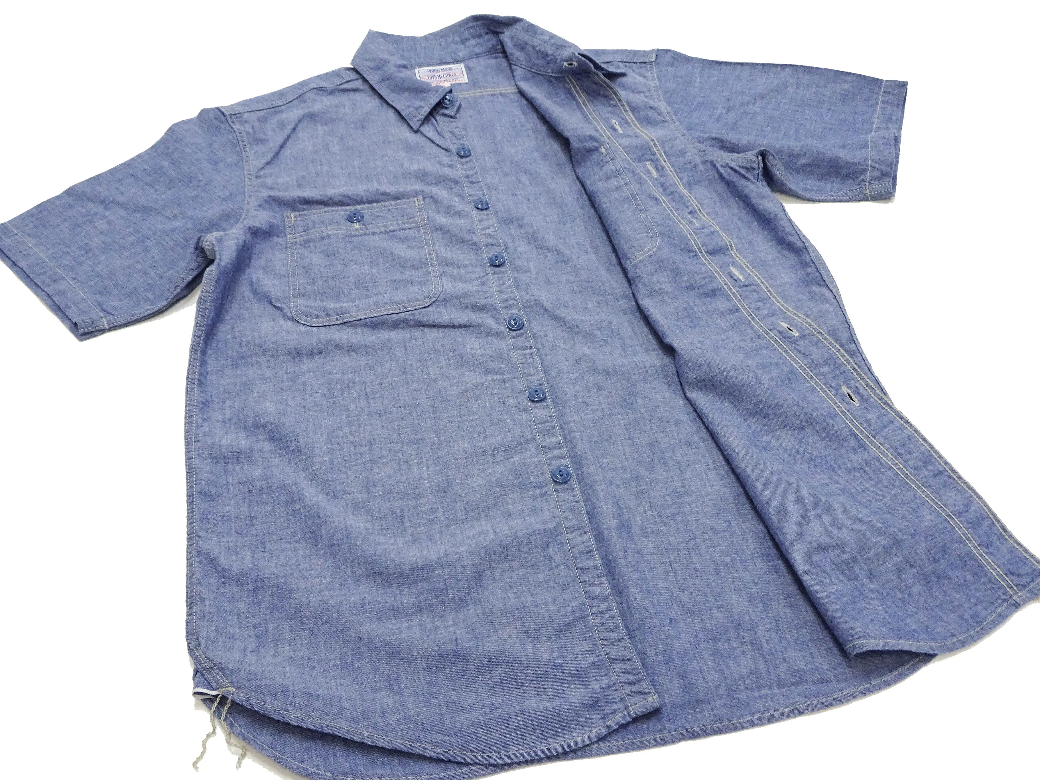 TOYS McCOY Men's Short-Sleeve Blue Chambray Shirt - Classic U.S. Navy Utility Shirt Style Work Shirt TMS2507