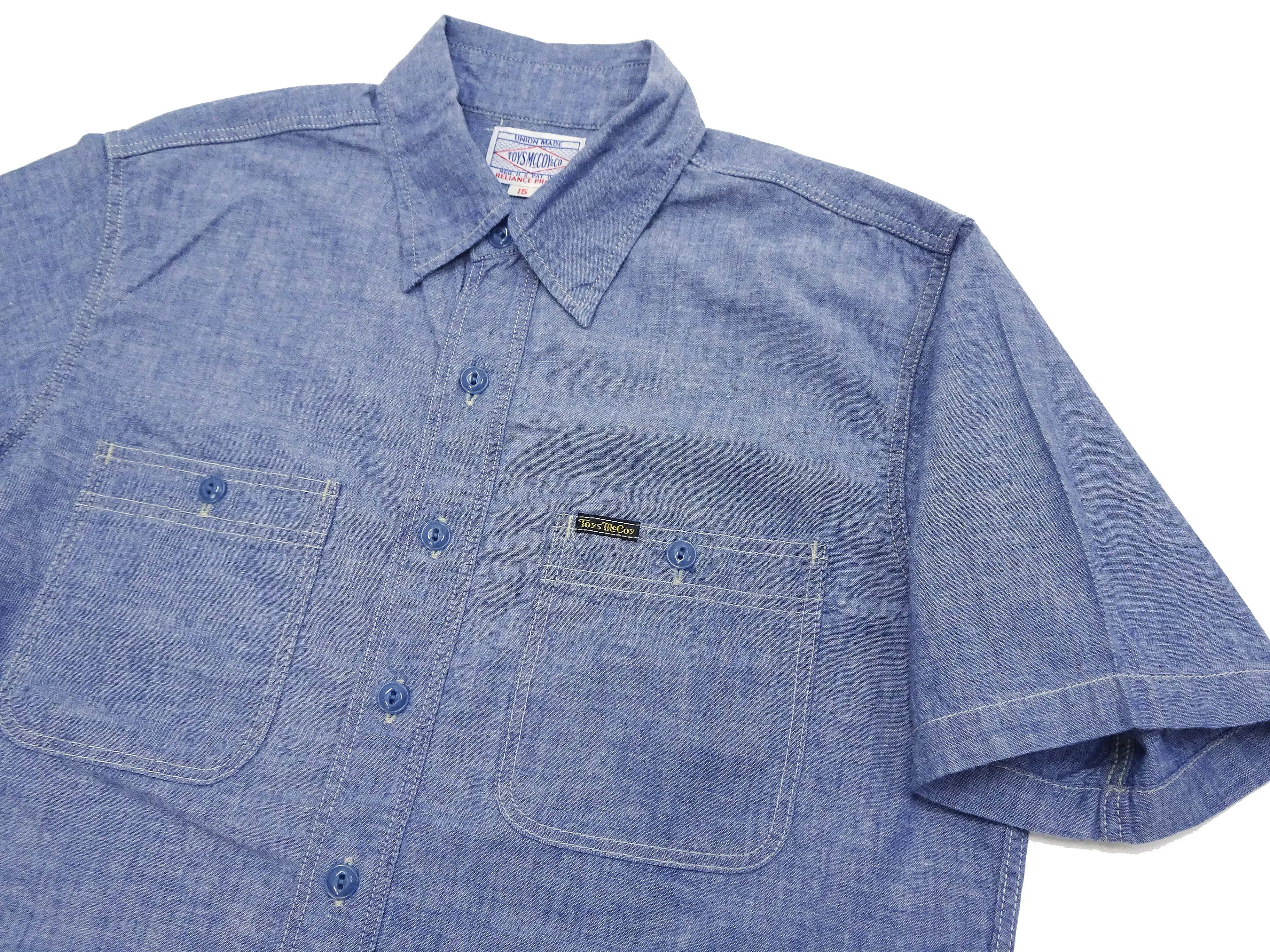 TOYS McCOY Men's Short-Sleeve Blue Chambray Shirt - Classic U.S. Navy Utility Shirt Style Work Shirt TMS2507