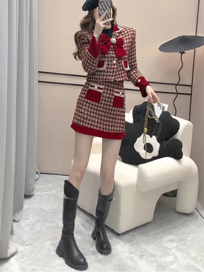 Tweed Plaid Skirt Sets