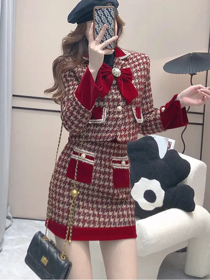 Tweed Plaid Skirt Sets