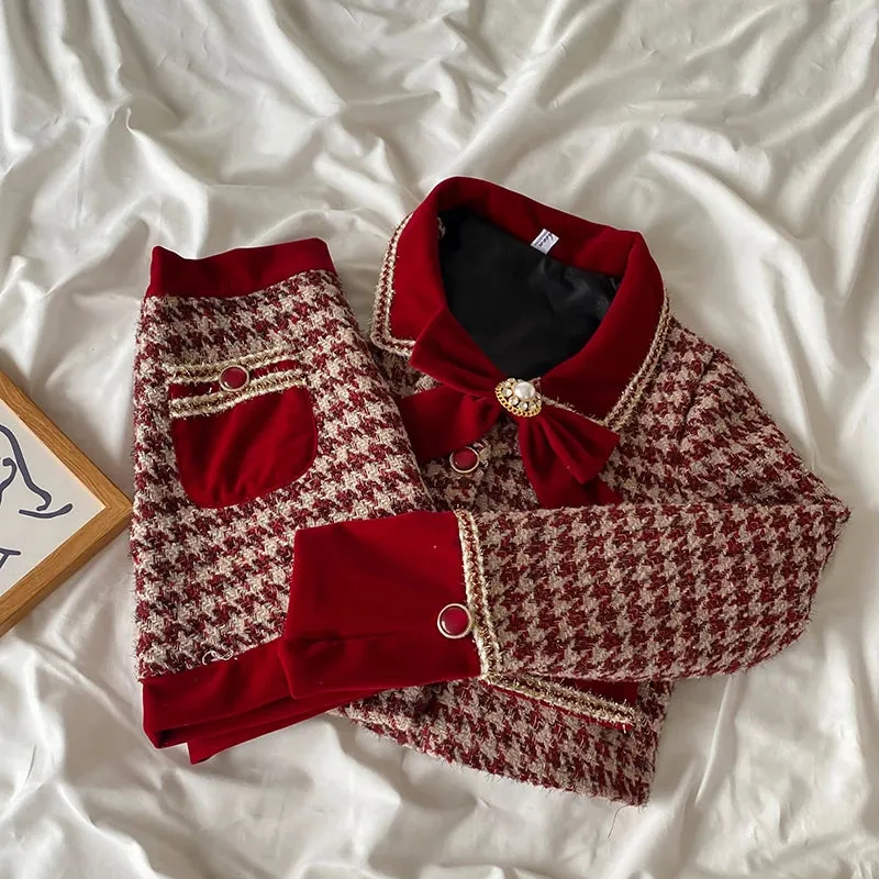 Tweed Plaid Skirt Sets