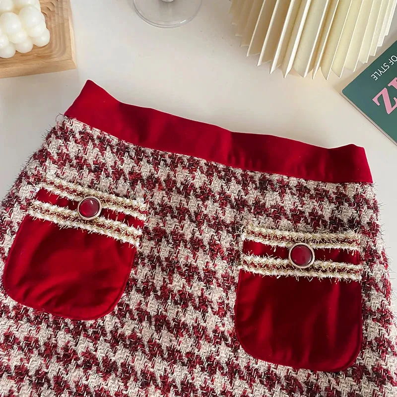 Tweed Plaid Skirt Sets